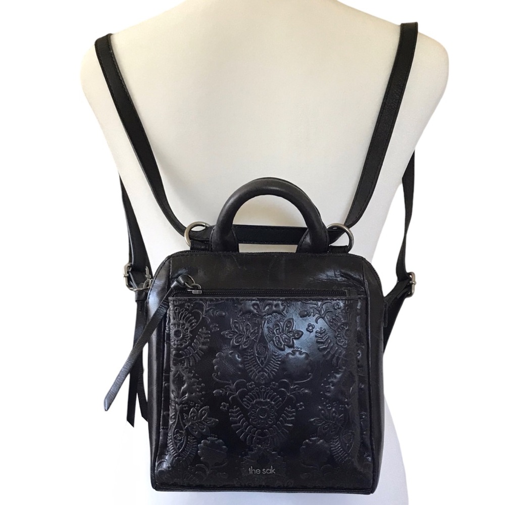 The Sak Loyola Mini Backpack Black Tooled Leather Convertible Adjustable Design